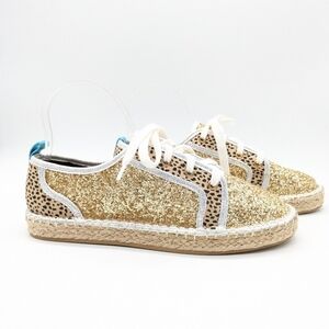 Michelle McDowell Kylie gold glitter leopard print lace up shoes 9